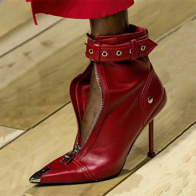 New Red Pointed Toe Ankle Boots for Women – Belt Buckle Zipper High Heels Boots