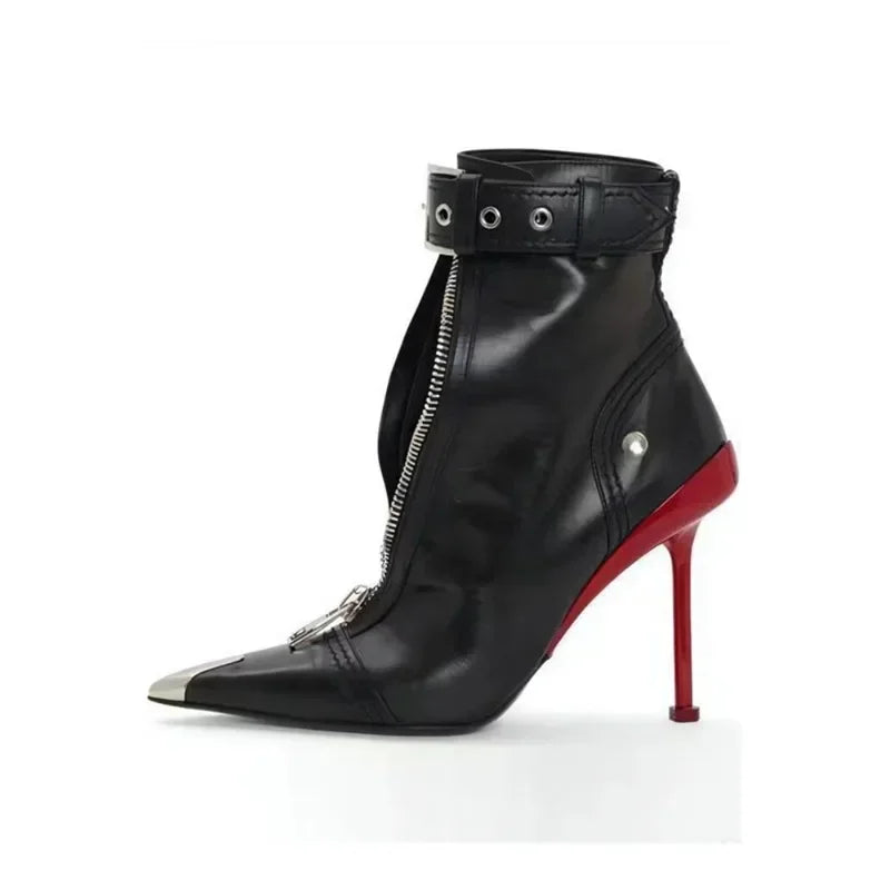 New Red Pointed Toe Ankle Boots for Women – Belt Buckle Zipper High Heels Boots