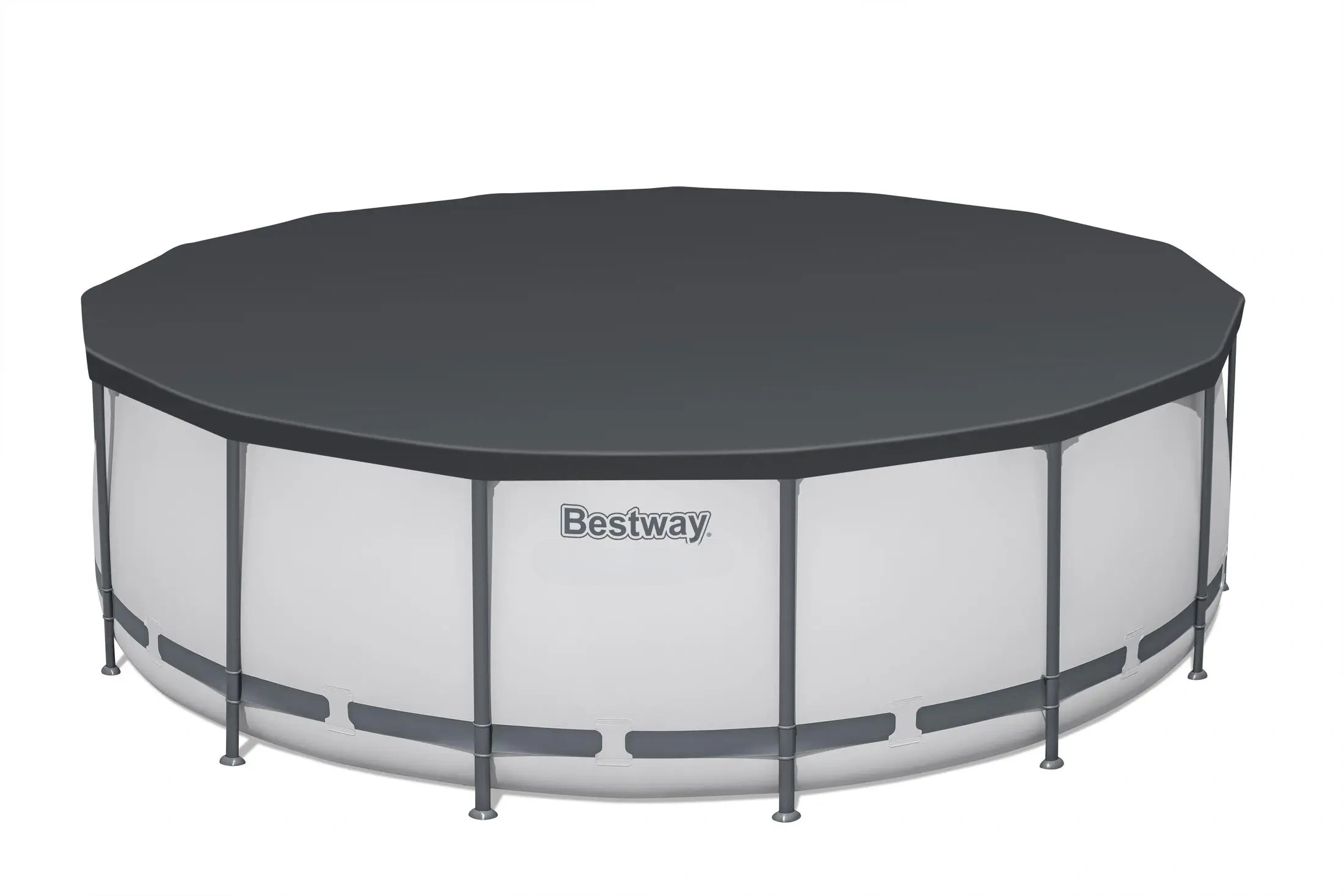 Round above-ground pool with a cover on a white background, featuring the Bestway brand.