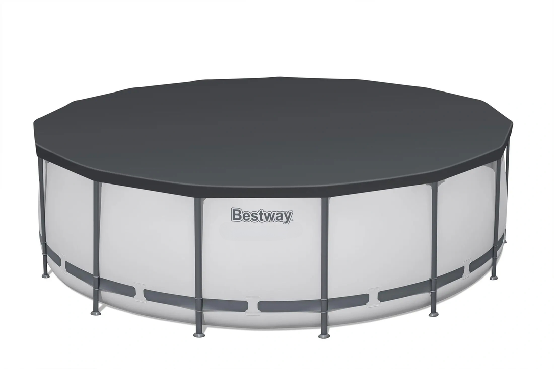 Round above-ground pool with a cover on a white background, featuring the Bestway brand.