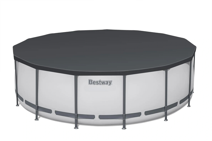 Round above-ground pool with a cover on a white background, featuring the Bestway brand.