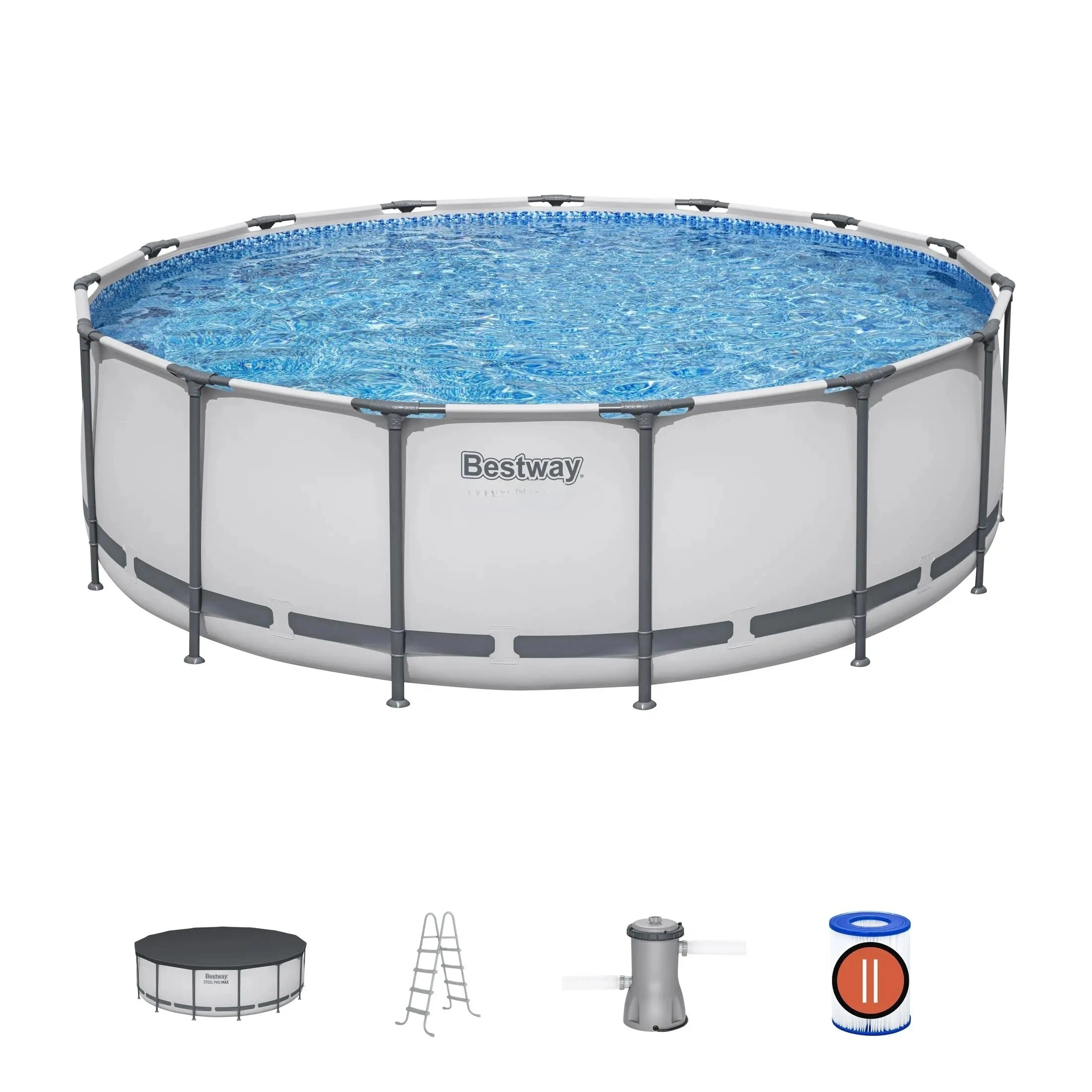 Round above-ground pool with accessories on a white background, featuring the Bestway brand.
