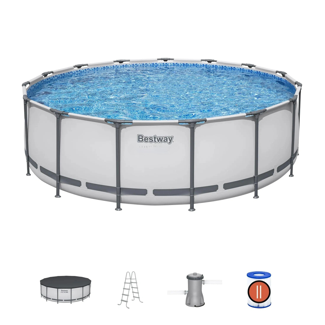 Round above-ground pool with accessories on a white background, featuring the Bestway brand.
