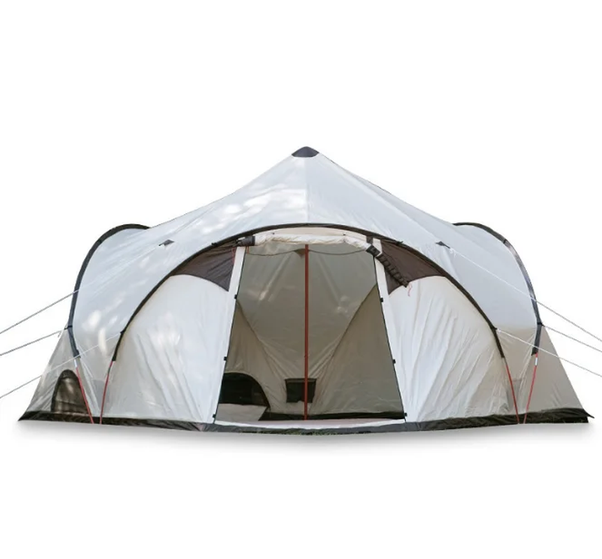 White camping tent with a black border on a white background
