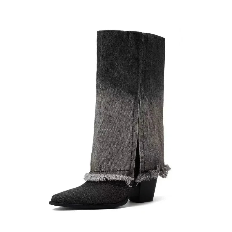 Women’s Black Blue Gradient Washed Denim Fringe Boots