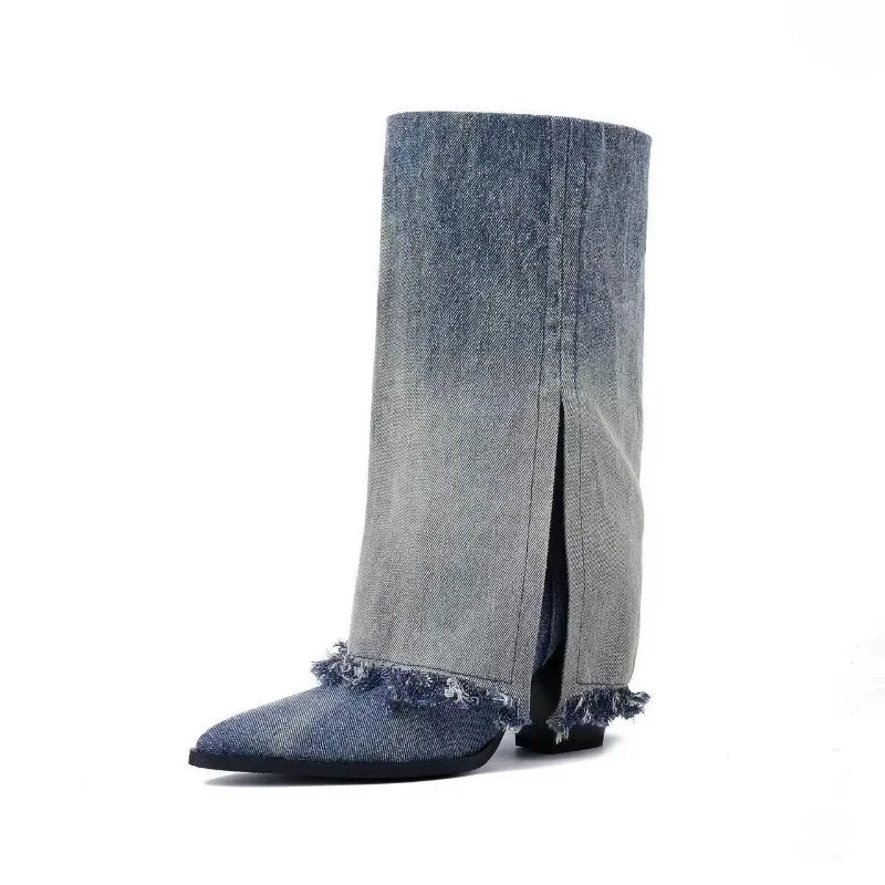 Women’s Black Blue Gradient Washed Denim Fringe Boots