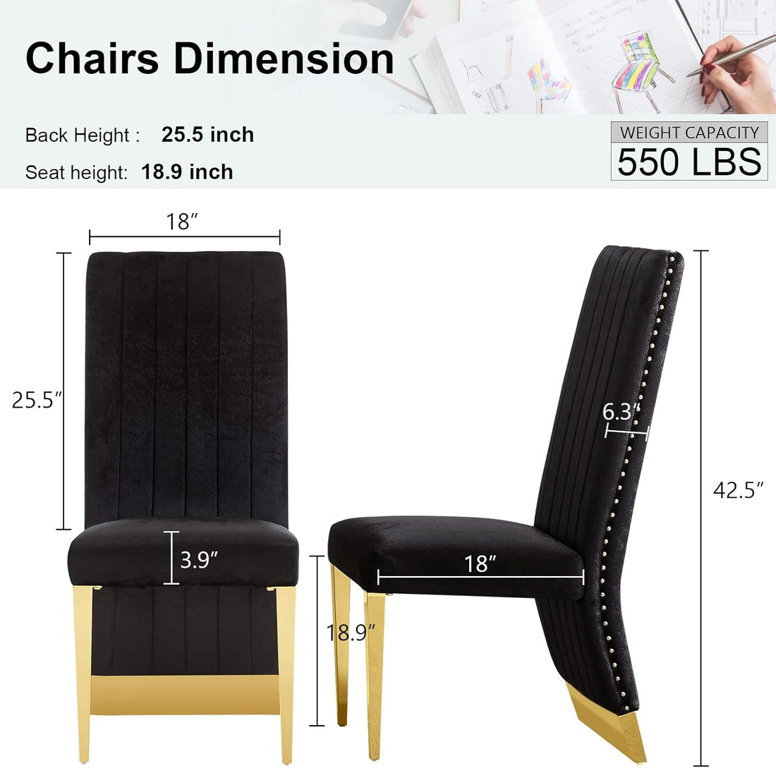 Luxe home Black Velvet Dining Chairs Set of 2 – Black & Gold Upholstered Chairs with Trim and Polished Gold Legs