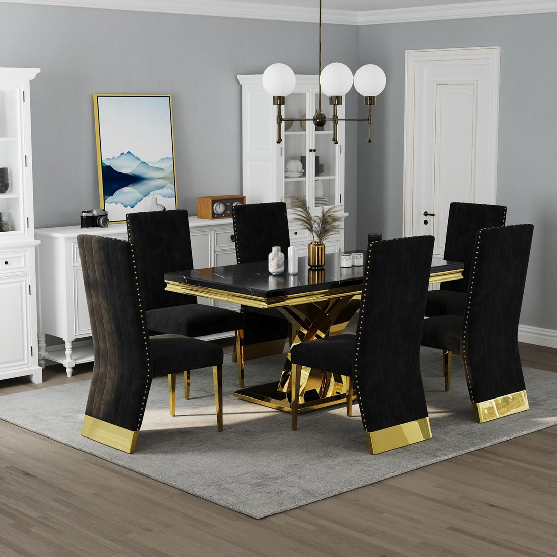Luxe home Black Velvet Dining Chairs Set of 2 – Black & Gold Upholstered Chairs with Trim and Polished Gold Legs
