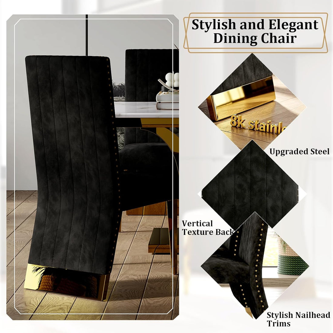 Luxe home Black Velvet Dining Chairs Set of 2 – Black & Gold Upholstered Chairs with Trim and Polished Gold Legs