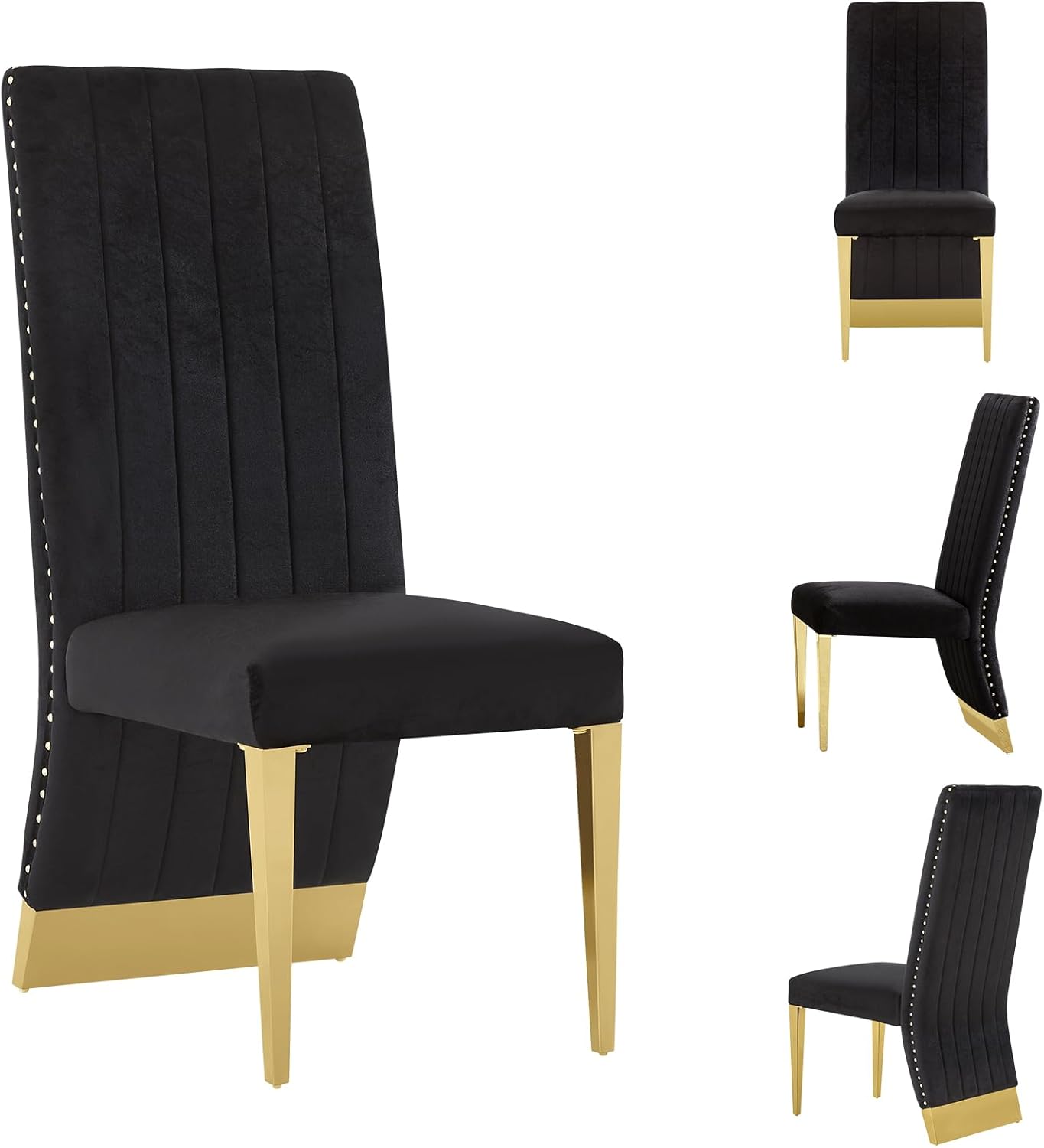 Luxe home Black Velvet Dining Chairs Set of 2 – Black & Gold Upholstered Chairs with Trim and Polished Gold Legs