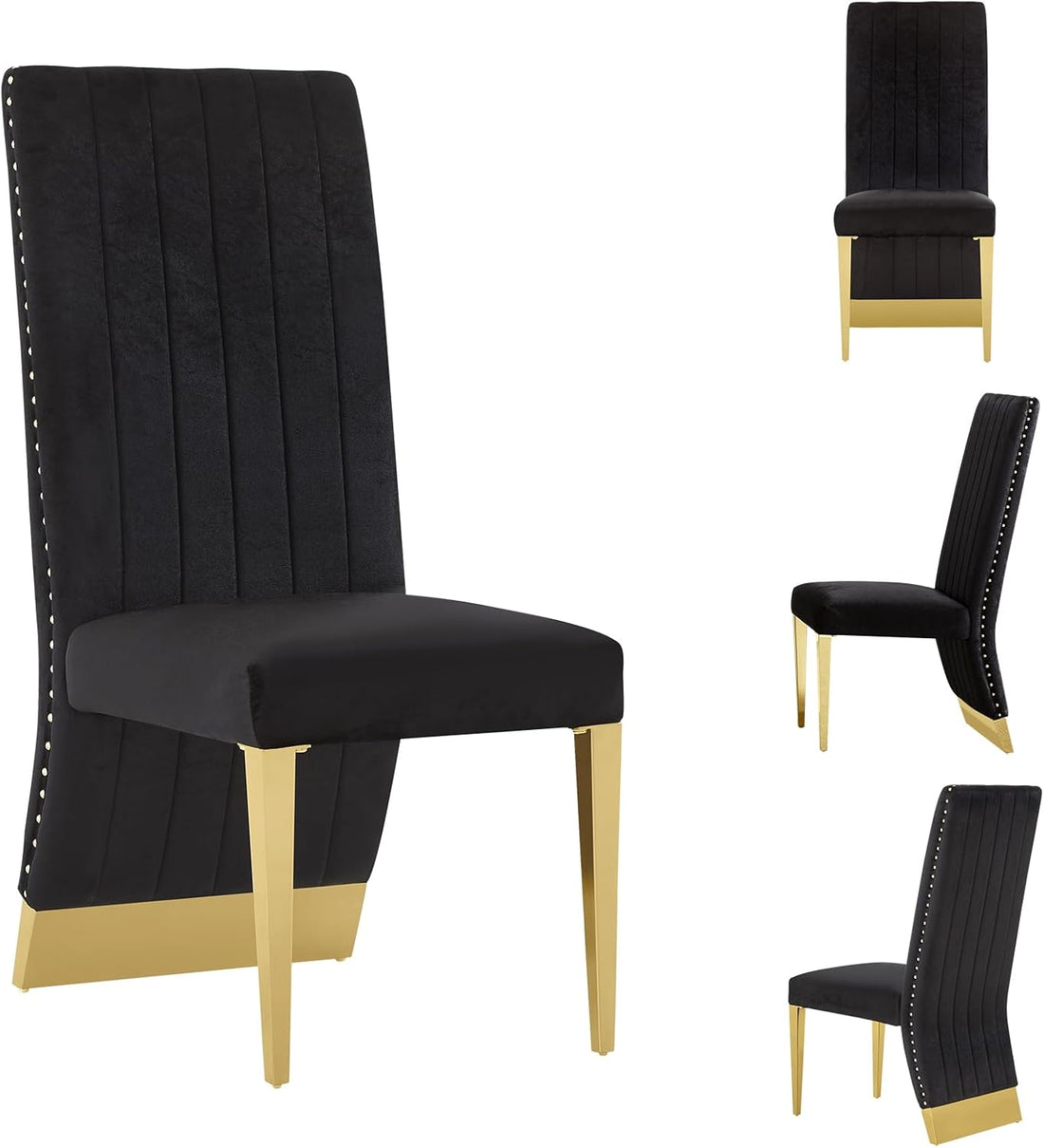 Luxe home Black Velvet Dining Chairs Set of 2 – Black & Gold Upholstered Chairs with Trim and Polished Gold Legs