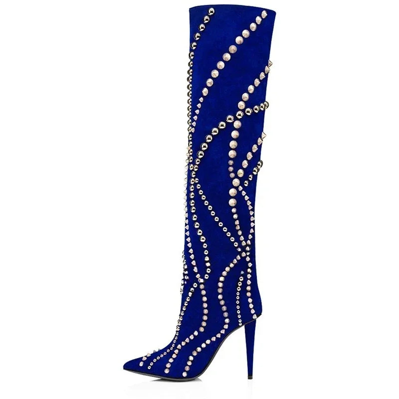 Women’s Suede Long Boots – Metal Rivet Decoration Pointed Toe Slender High Heel