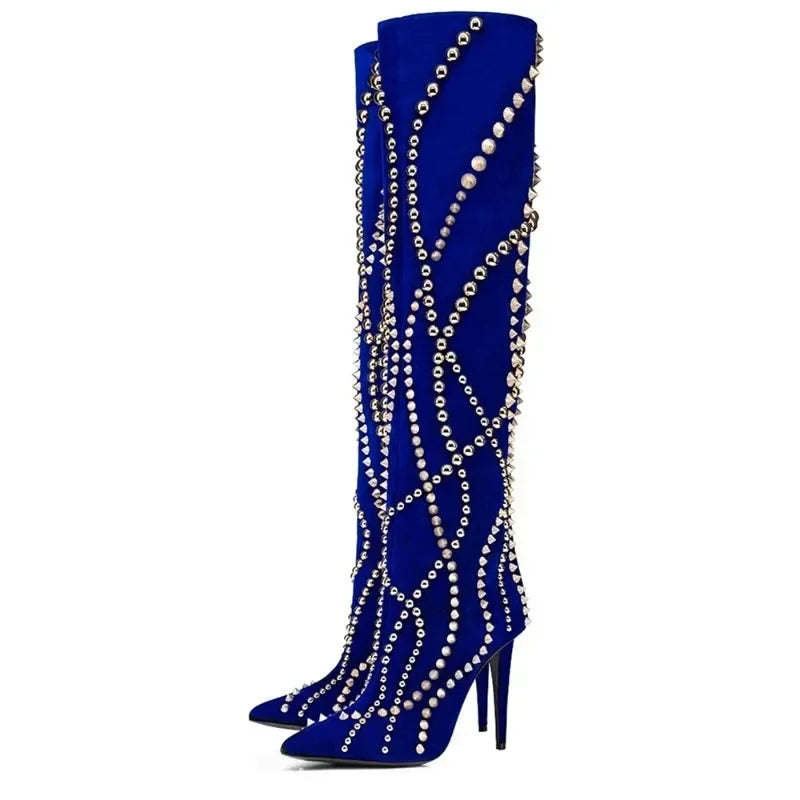 Women’s Suede Long Boots – Metal Rivet Decoration Pointed Toe Slender High Heel