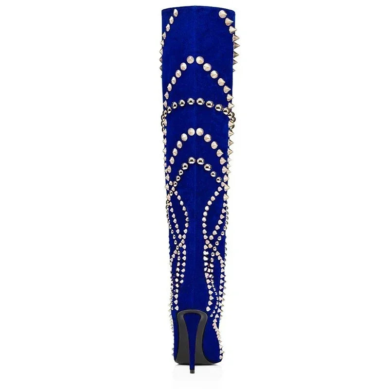 Women’s Suede Long Boots – Metal Rivet Decoration Pointed Toe Slender High Heel