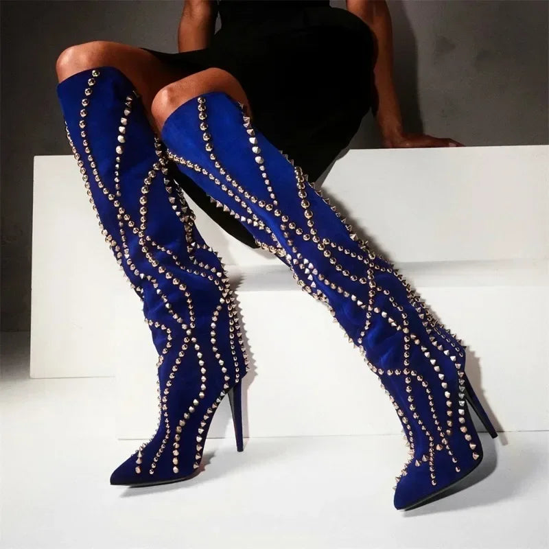 Women’s Suede Long Boots – Metal Rivet Decoration Pointed Toe Slender High Heel