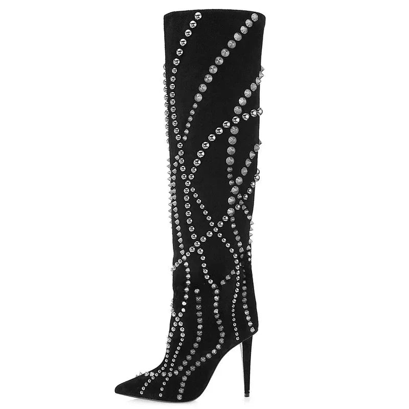 Women’s Suede Long Boots – Metal Rivet Decoration Pointed Toe Slender High Heel