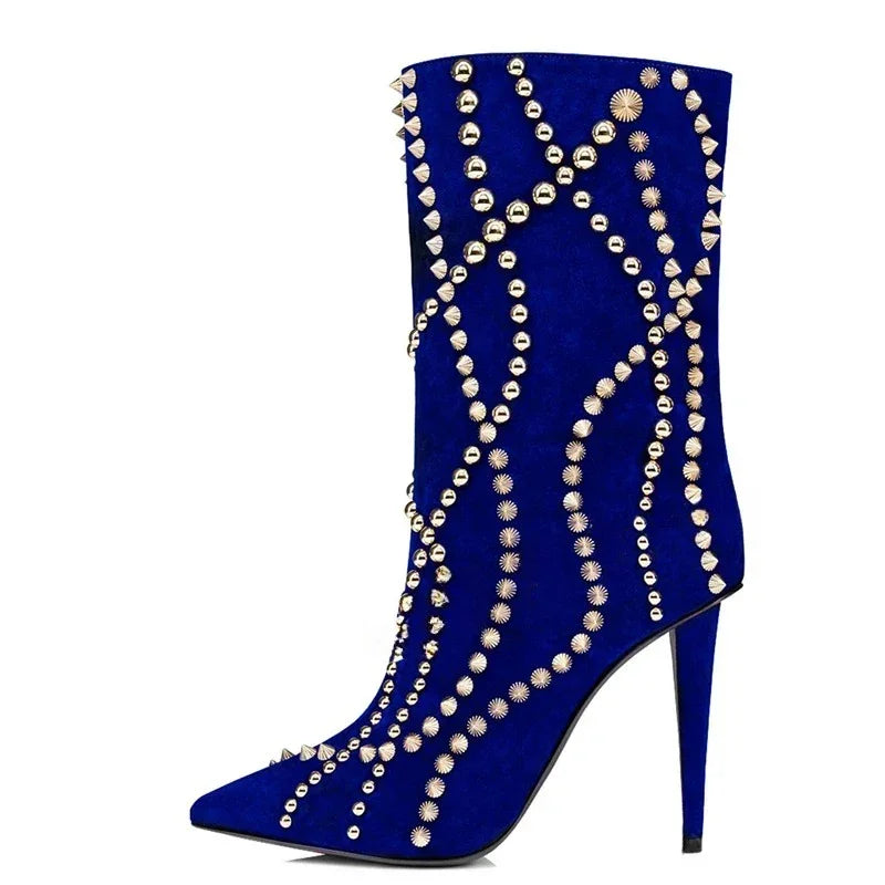Women’s Suede Long Boots – Metal Rivet Decoration Pointed Toe Slender High Heel