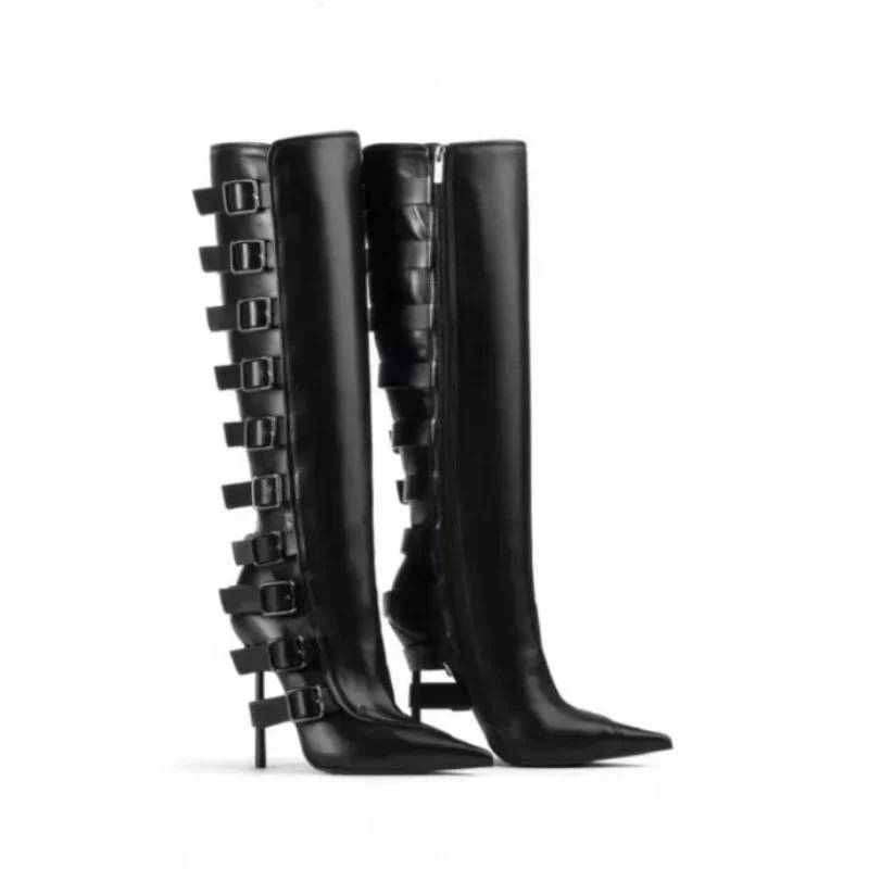 New Black Belt Buckle Knee High Boots for Women