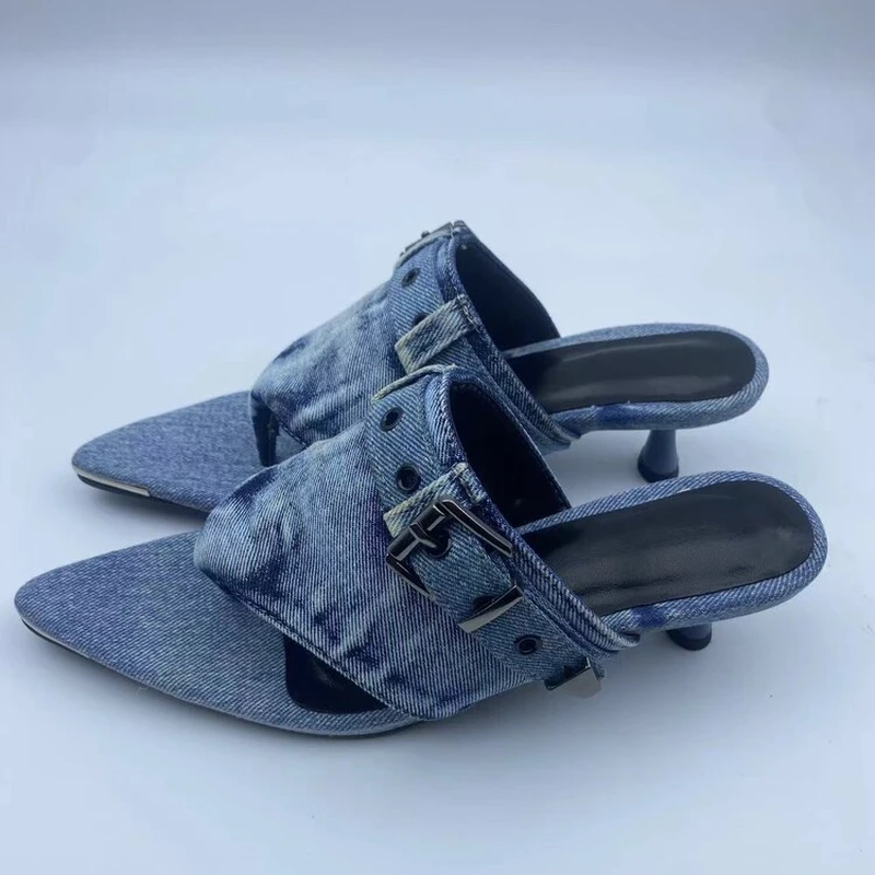Premium Blue Denim Belt Buckle  Women Sandals