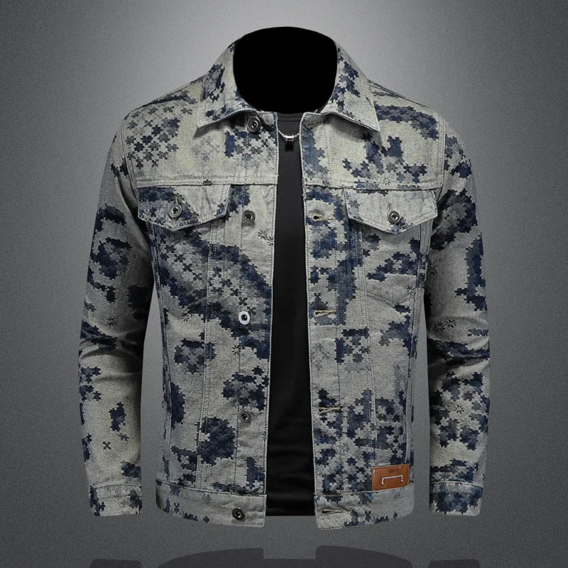 Men’s Retro Jacquard Denim Jacket – Casual Hip-Hop Streetwear