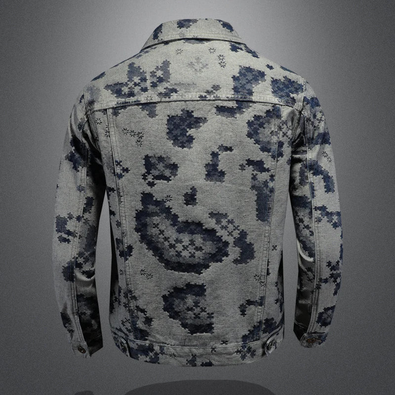 Men’s Retro Jacquard Denim Jacket – Casual Hip-Hop Streetwear