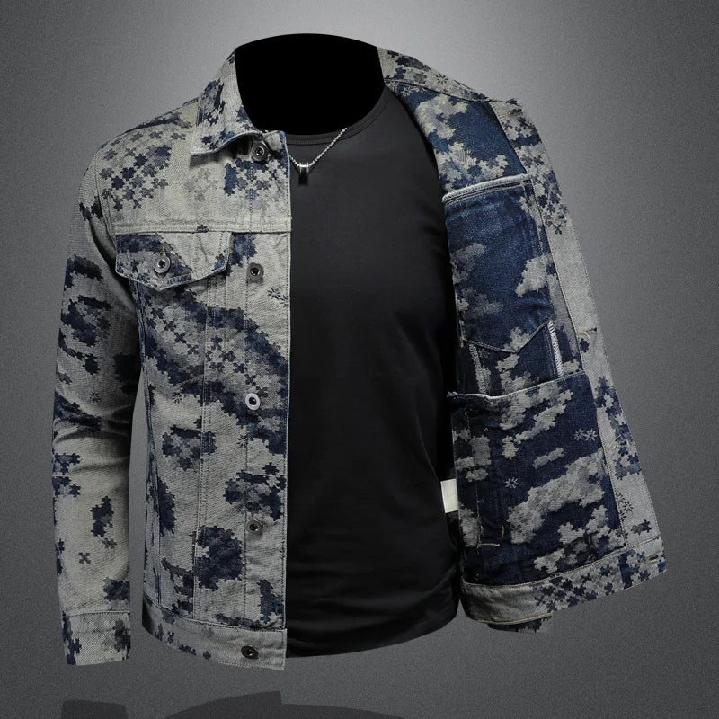 Men’s Retro Jacquard Denim Jacket – Casual Hip-Hop Streetwear