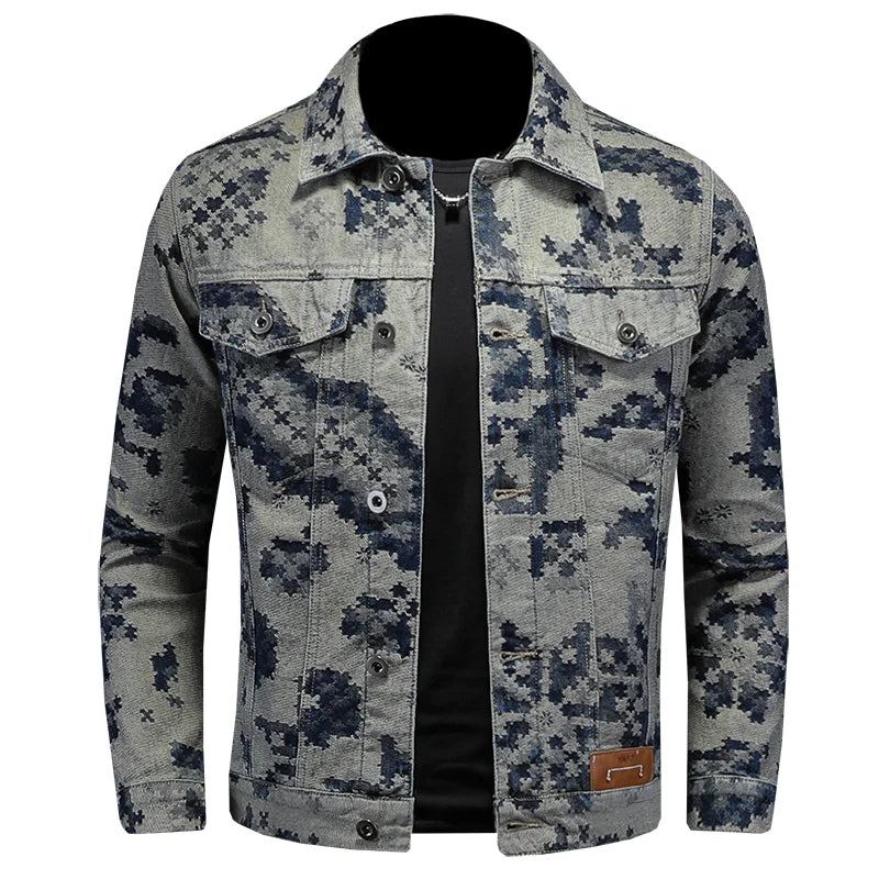 Men’s Retro Jacquard Denim Jacket – Casual Hip-Hop Streetwear