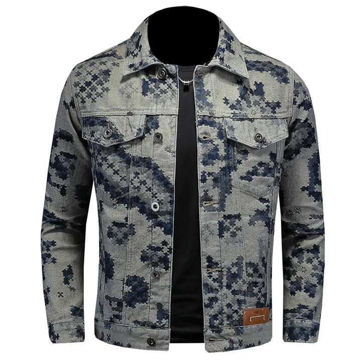 Men’s Retro Jacquard Denim Jacket – Casual Hip-Hop Streetwear