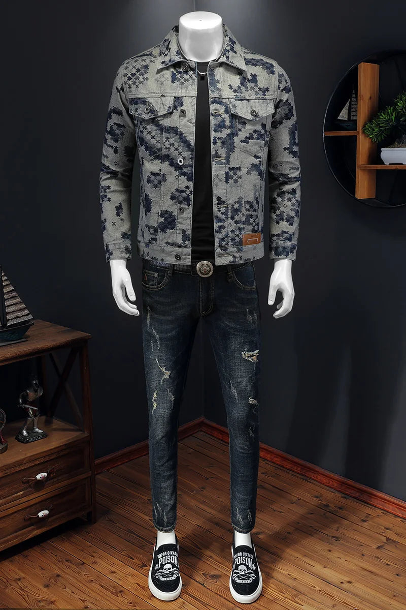 Men’s Retro Jacquard Denim Jacket – Casual Hip-Hop Streetwear
