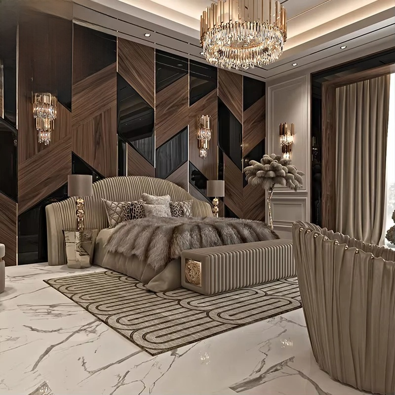 Modern Italian Luxe Designer King Upholstered Bed Frame Set