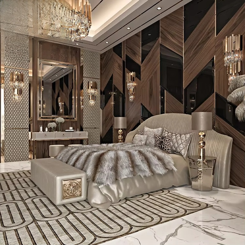 Modern Italian Luxe Designer King Upholstered Bed Frame Set