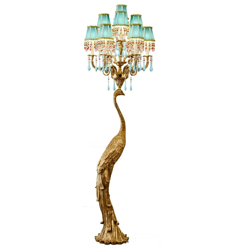 Luxury Brass and Crystal Peacock Floor Lamp with Green Fabric Shade