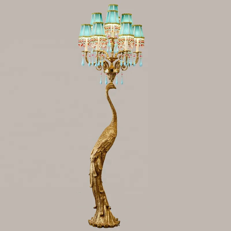 Luxury Brass and Crystal Peacock Floor Lamp with Green Fabric Shade