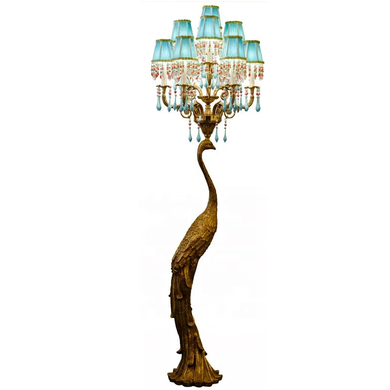 Luxury Brass and Crystal Peacock Floor Lamp with Green Fabric Shade