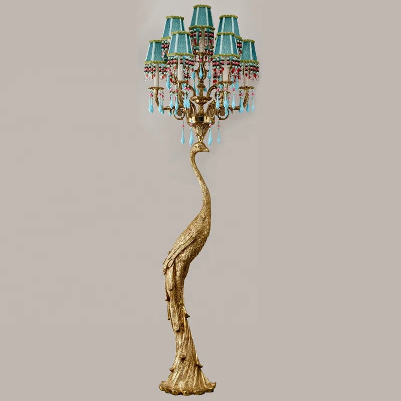 Luxury Brass and Crystal Peacock Floor Lamp with Green Fabric Shade
