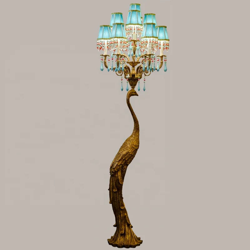 Luxury Brass and Crystal Peacock Floor Lamp with Green Fabric Shade