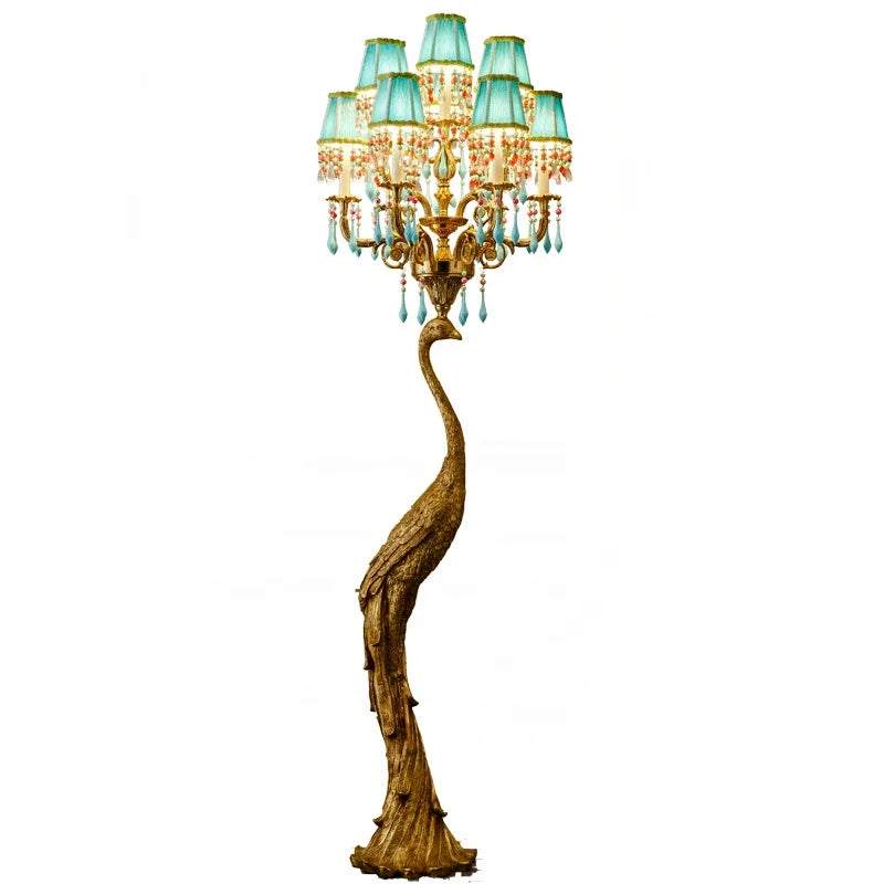 Luxury Brass and Crystal Peacock Floor Lamp with Green Fabric Shade