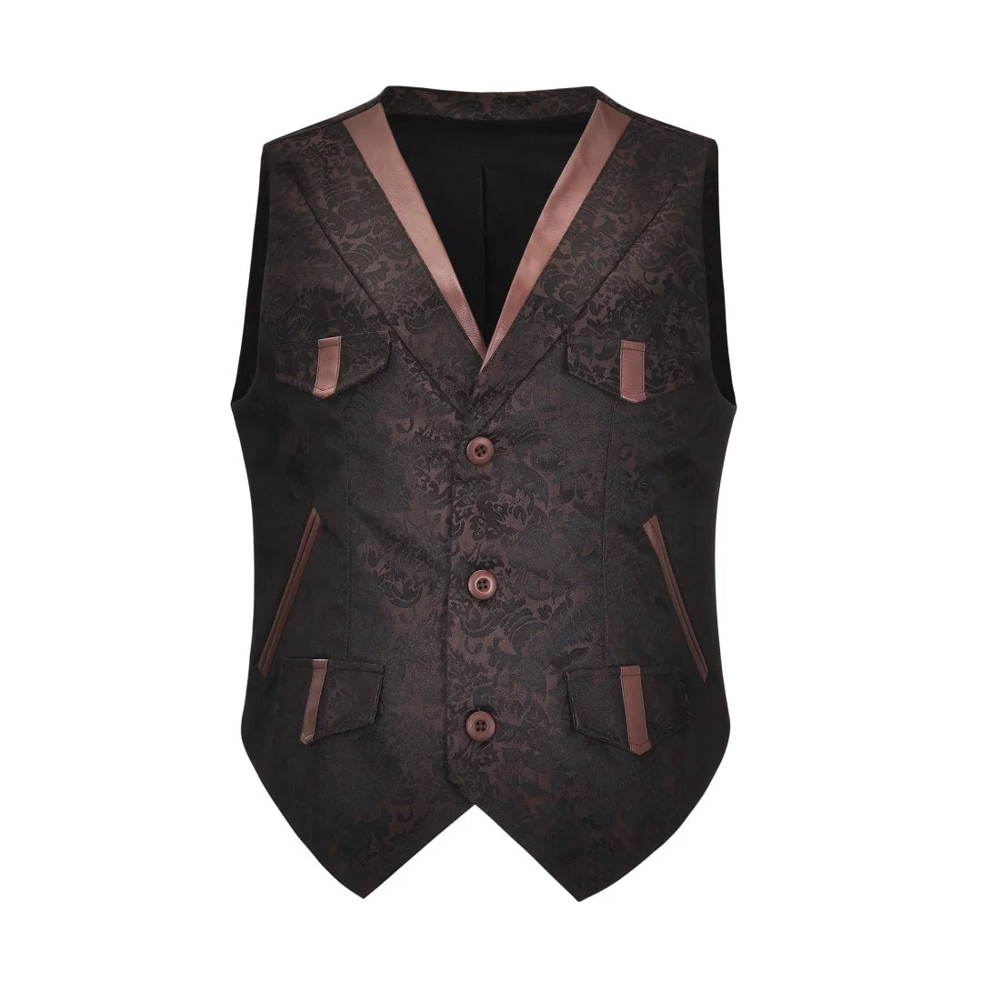 Mens Brown Brocade V Neck Button Sleeveless Medieval Gothic Waistcoat