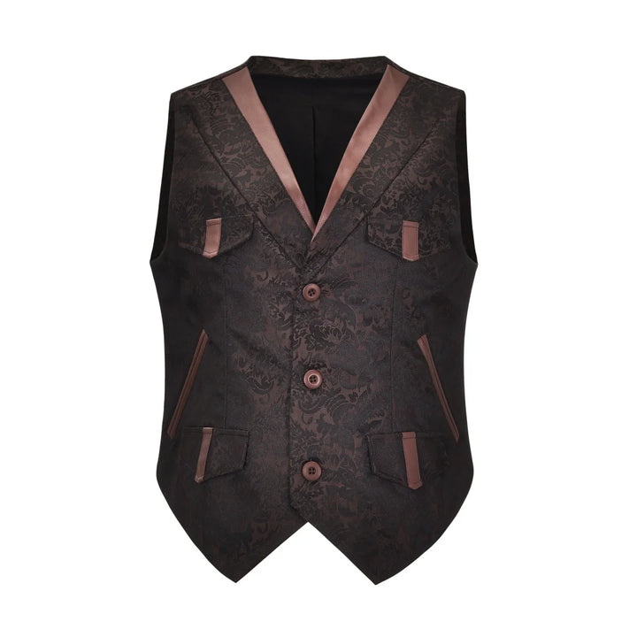 Mens Brown Brocade V Neck Button Sleeveless Medieval Gothic Waistcoat