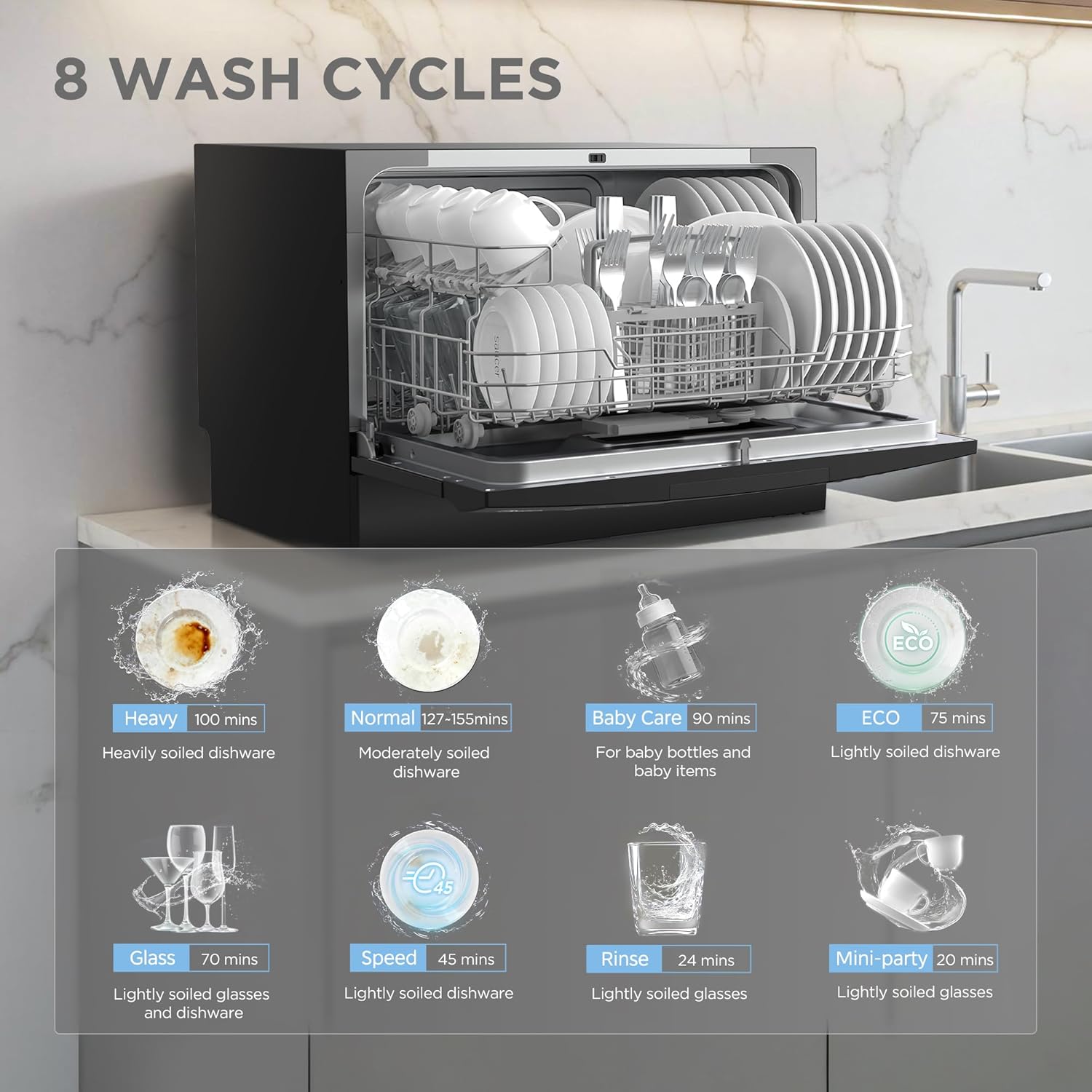 Modern home Countertop Dishwasher – Energy Star Portable Dishwasher, 6 Place Settings, 8 Washing Programs, Speed