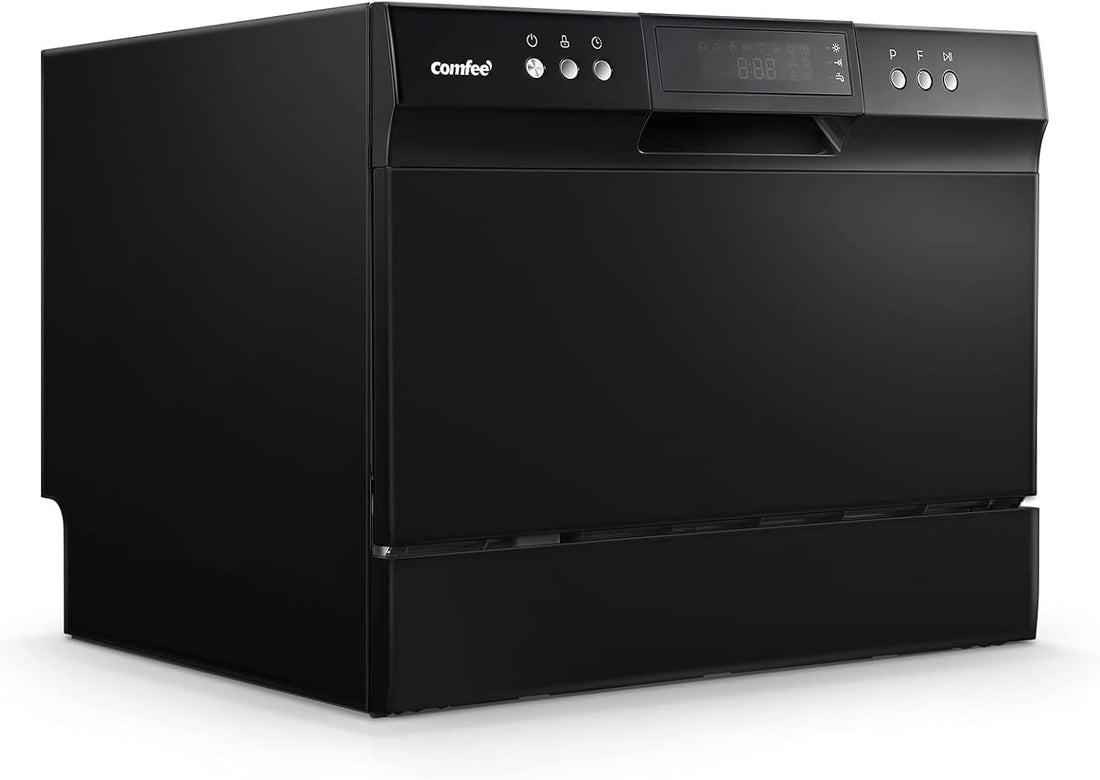 Black countertop dishwasher with visible brand logo on a white background