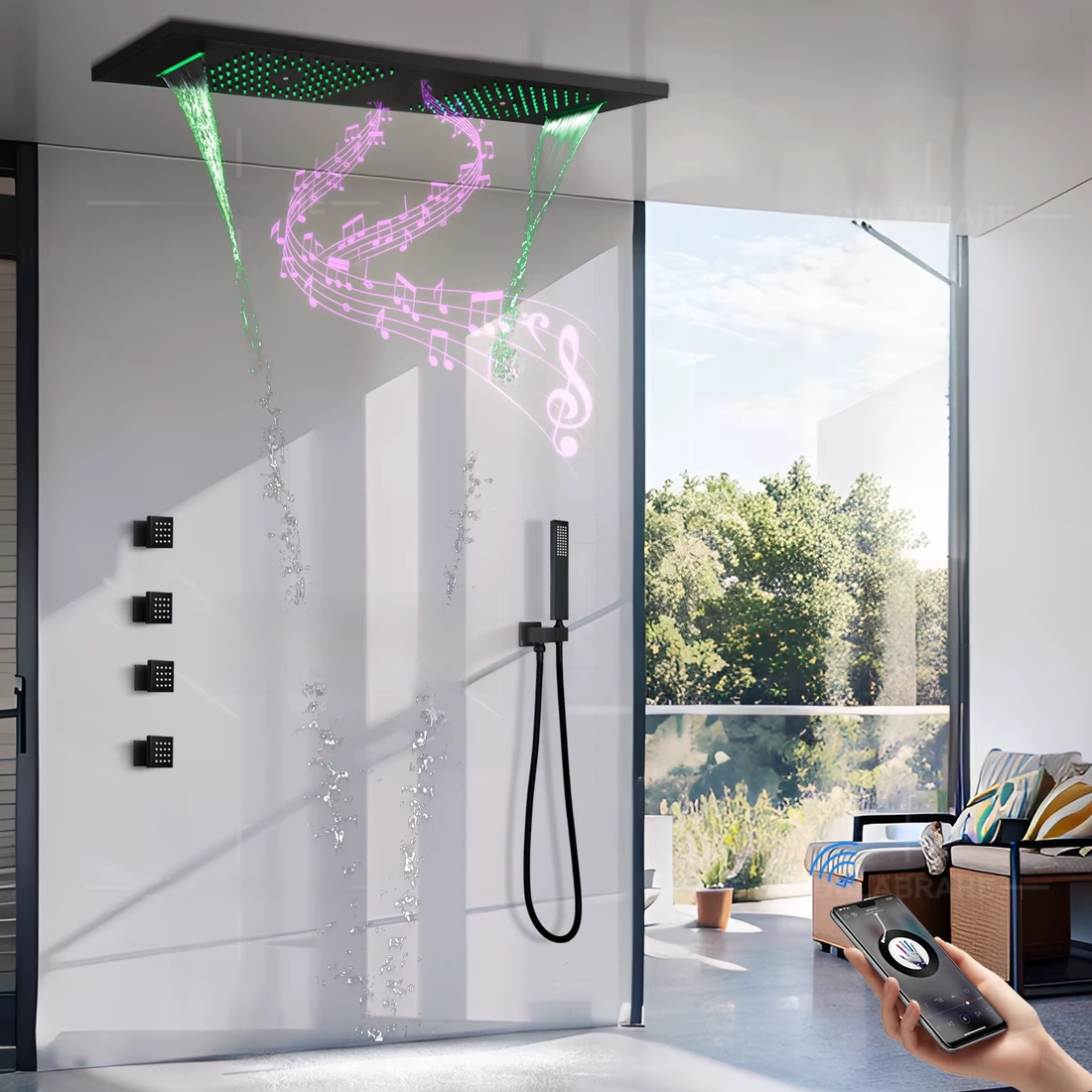 Luxury Matte Black LED Rain Shower System with Music & Digital Thermostat