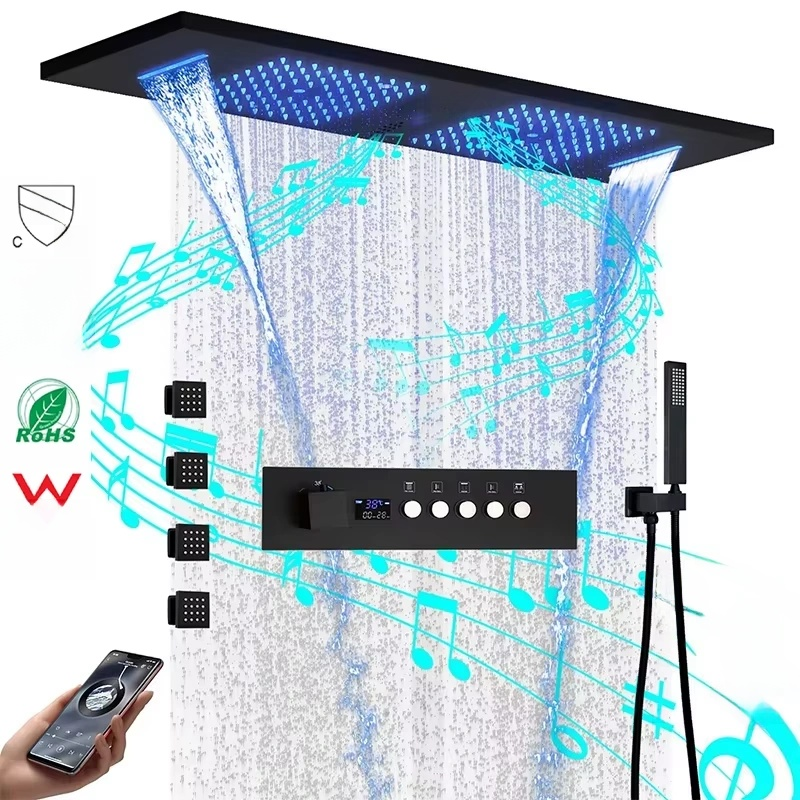 Luxury Matte Black LED Rain Shower System with Music & Digital Thermostat