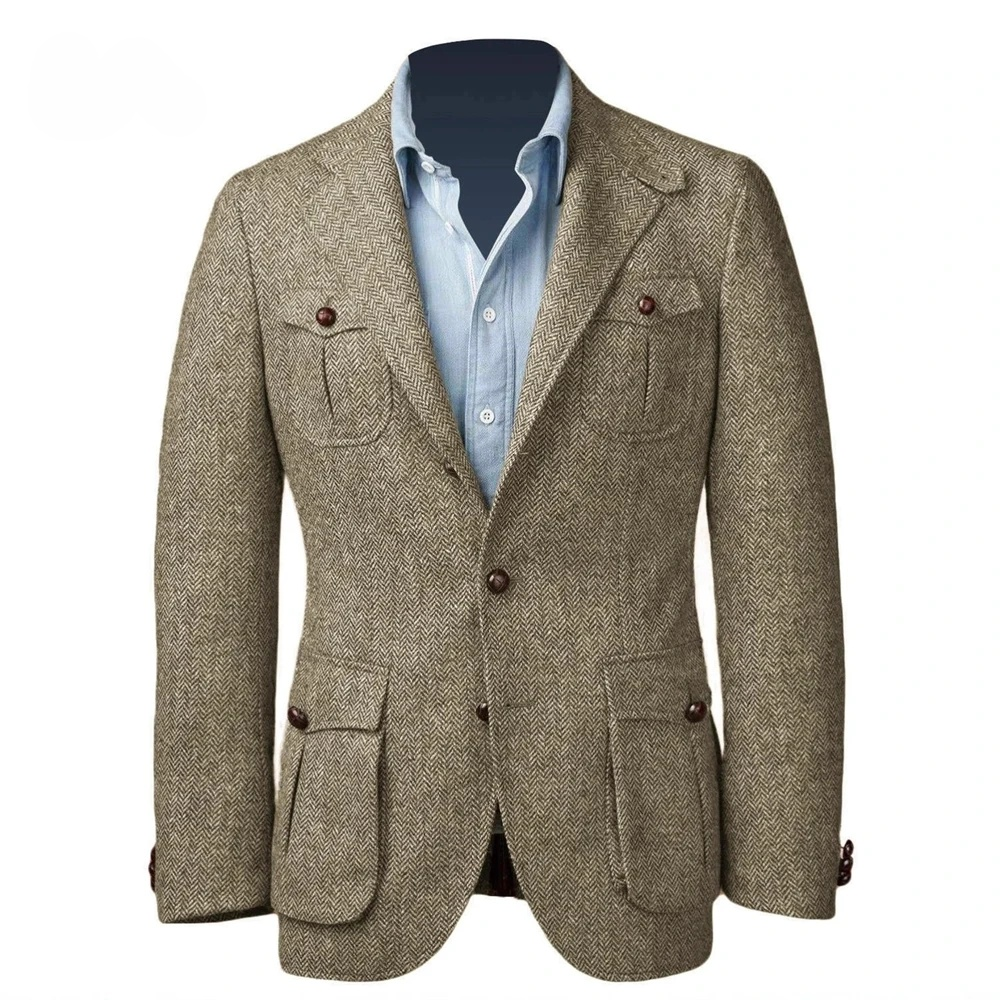 Men’s Beige Chevron Suit Jacket Smart Casual Business & Formal Bl;azer