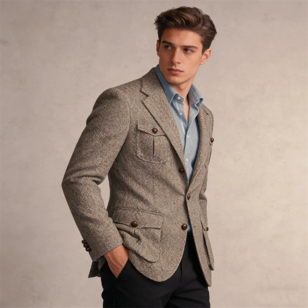 Men’s Beige Chevron Suit Jacket Smart Casual Business & Formal Bl;azer