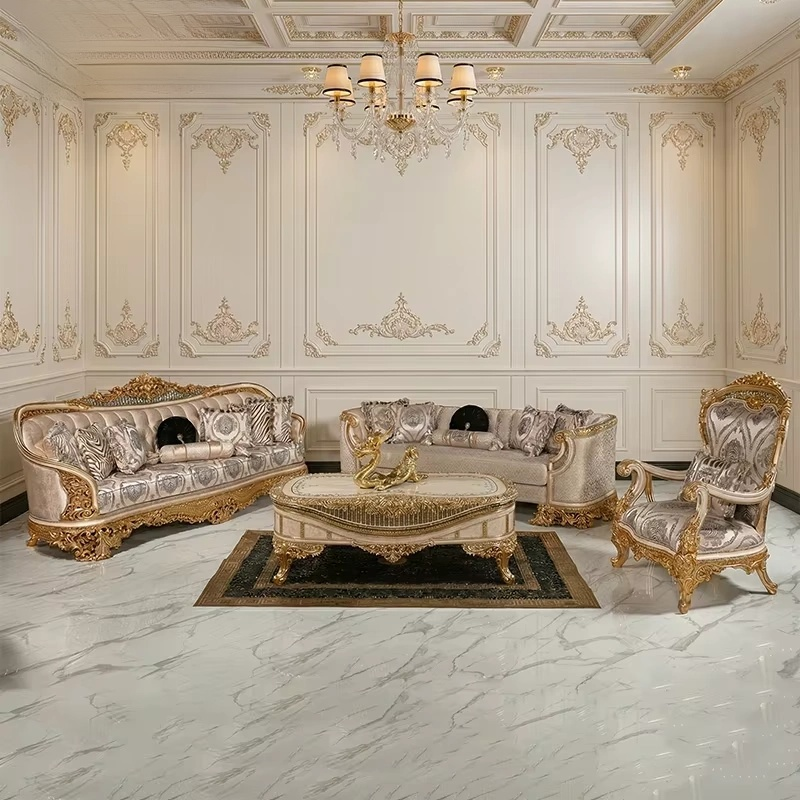 New Classical Royal Hand-Carved Gilded Luxury Sofa Set with Fluted Table