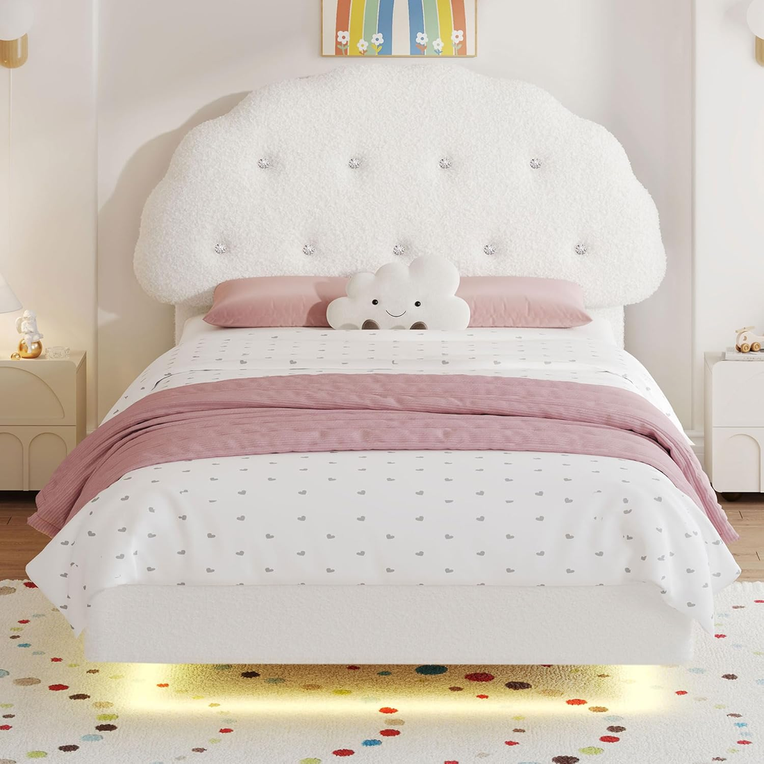 Kids Cookie Upholstered LED Floating Bed Frame with Adjustable Headboard – Teddy Velvet