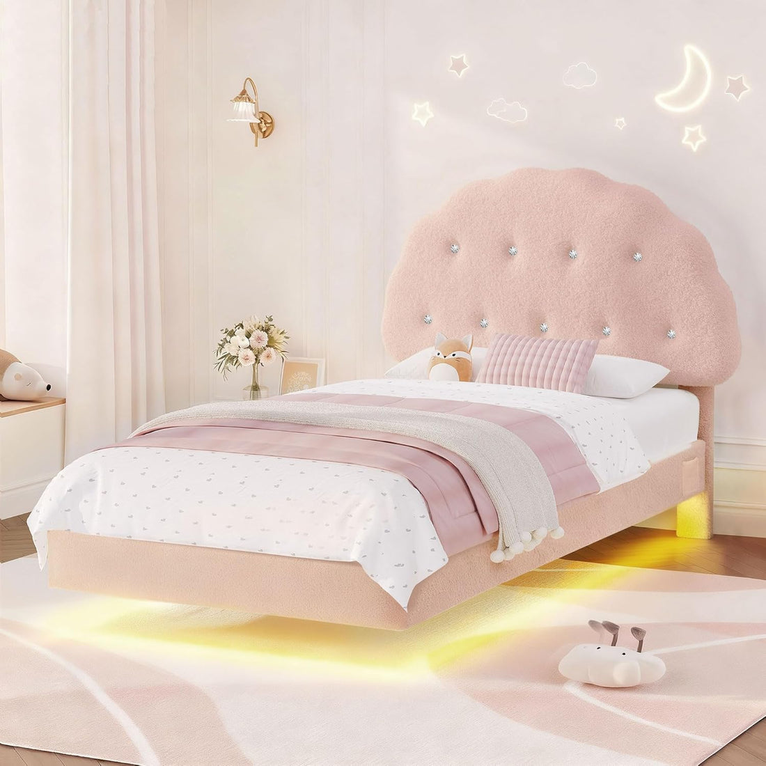 Kids Cookie Upholstered LED Floating Bed Frame with Adjustable Headboard – Teddy Velvet