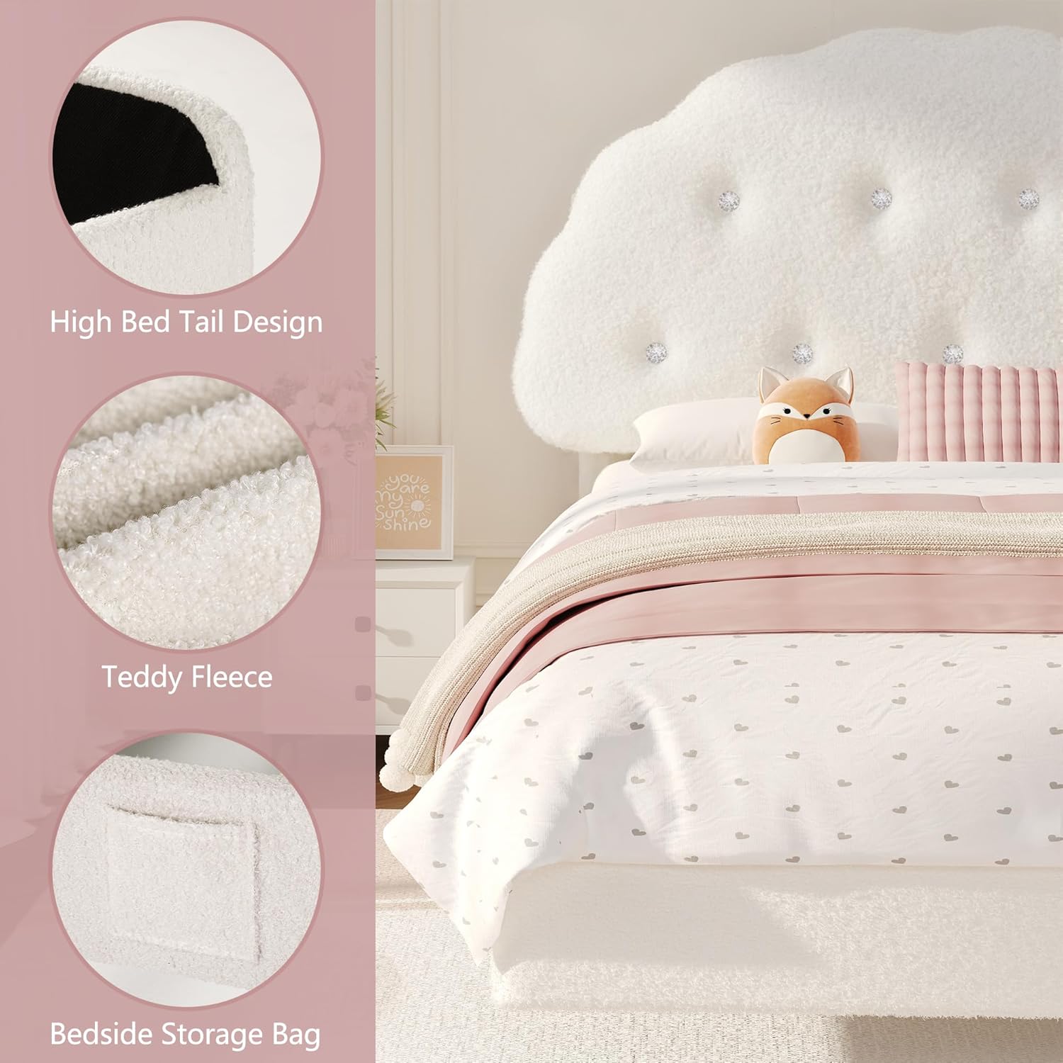 Kids Cookie Upholstered LED Floating Bed Frame with Adjustable Headboard – Teddy Velvet