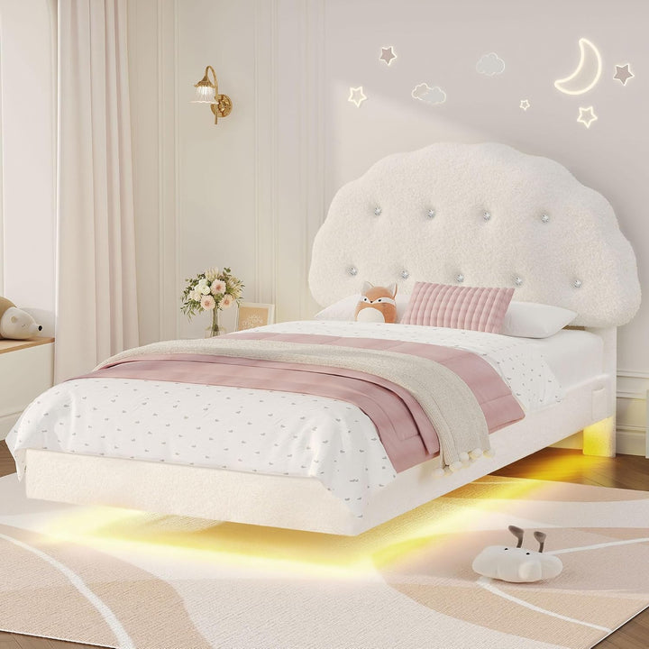 Kids Cookie Upholstered LED Floating Bed Frame with Adjustable Headboard – Teddy Velvet